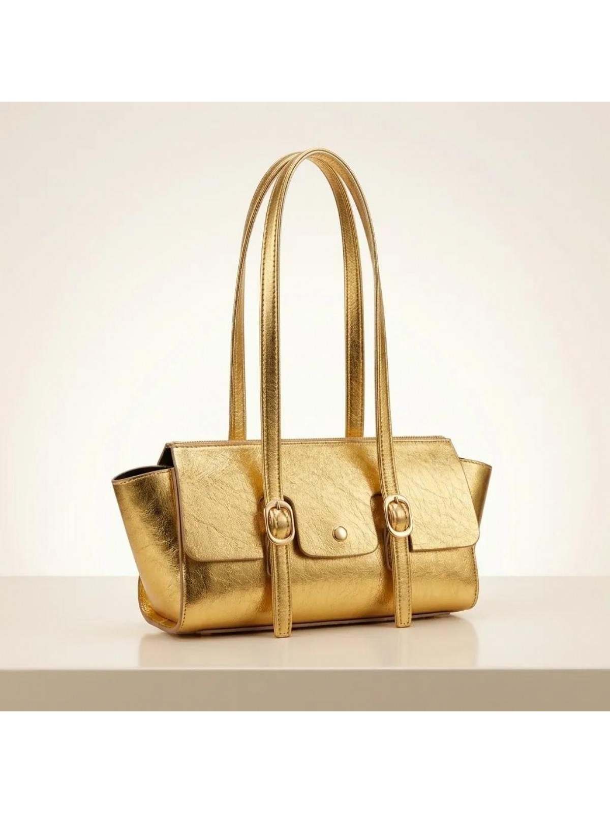 Parlak Gold Mini Omuz Çantası Yumuşak Deri Görünümlü Fermuarlı Kadın El ve Kol Çantası