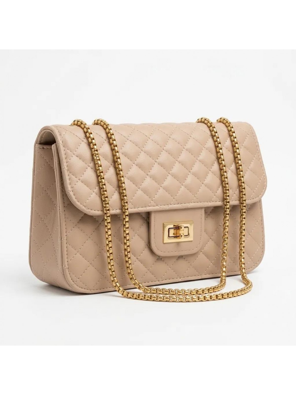 Bej Kapitone Suni Deri Gold Zincirli Omuz Çanta 23×16 cm