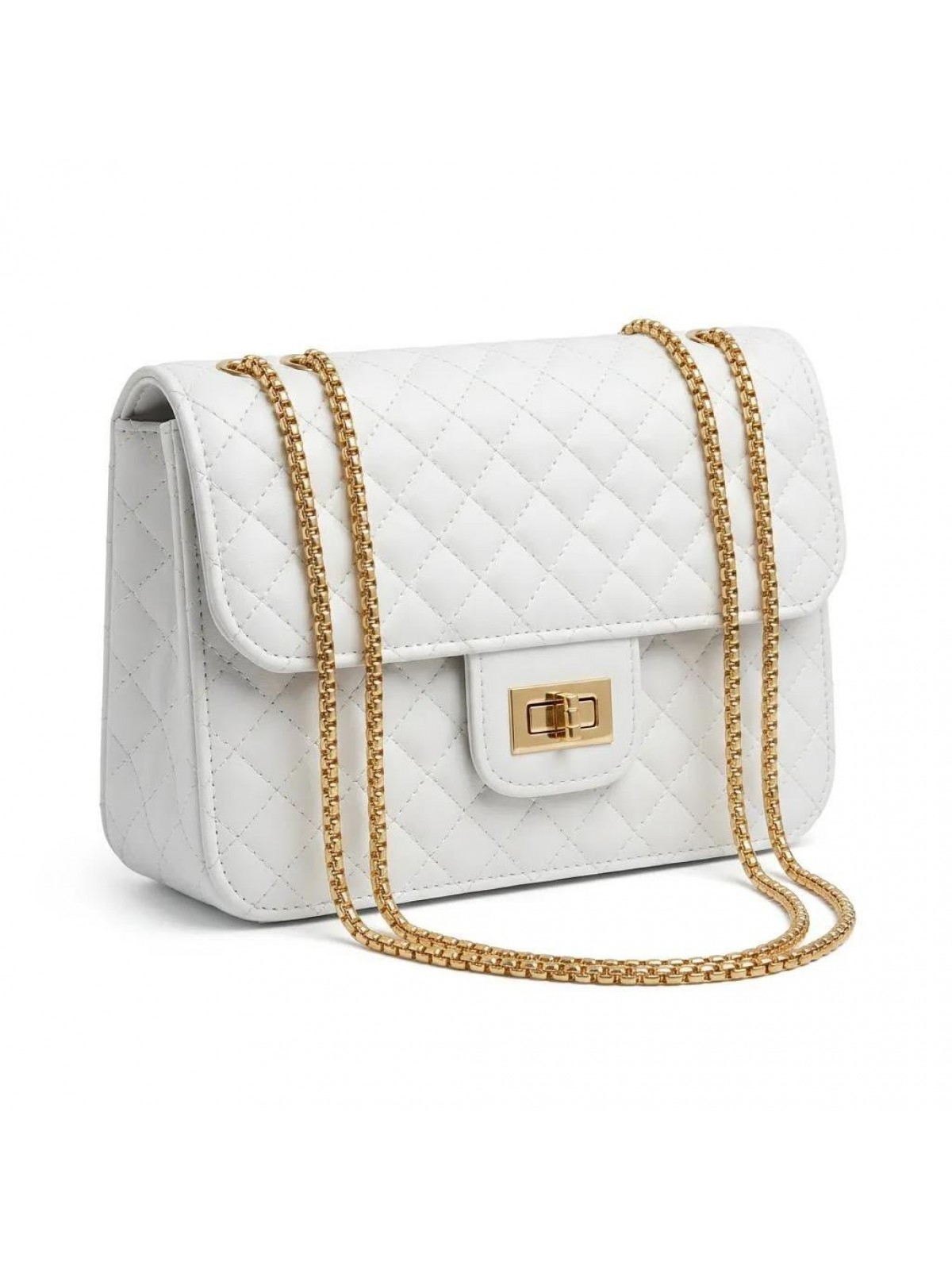 Beyaz Kapitone Suni Deri Gold Zincirli Omuz Çanta 23×16 cm
