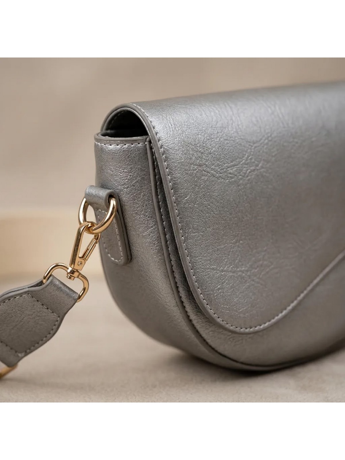 Metalik Gri Gold Detaylı Omuz ve El Çantası 23x15 cm Kadın Çapraz Askılı Çanta