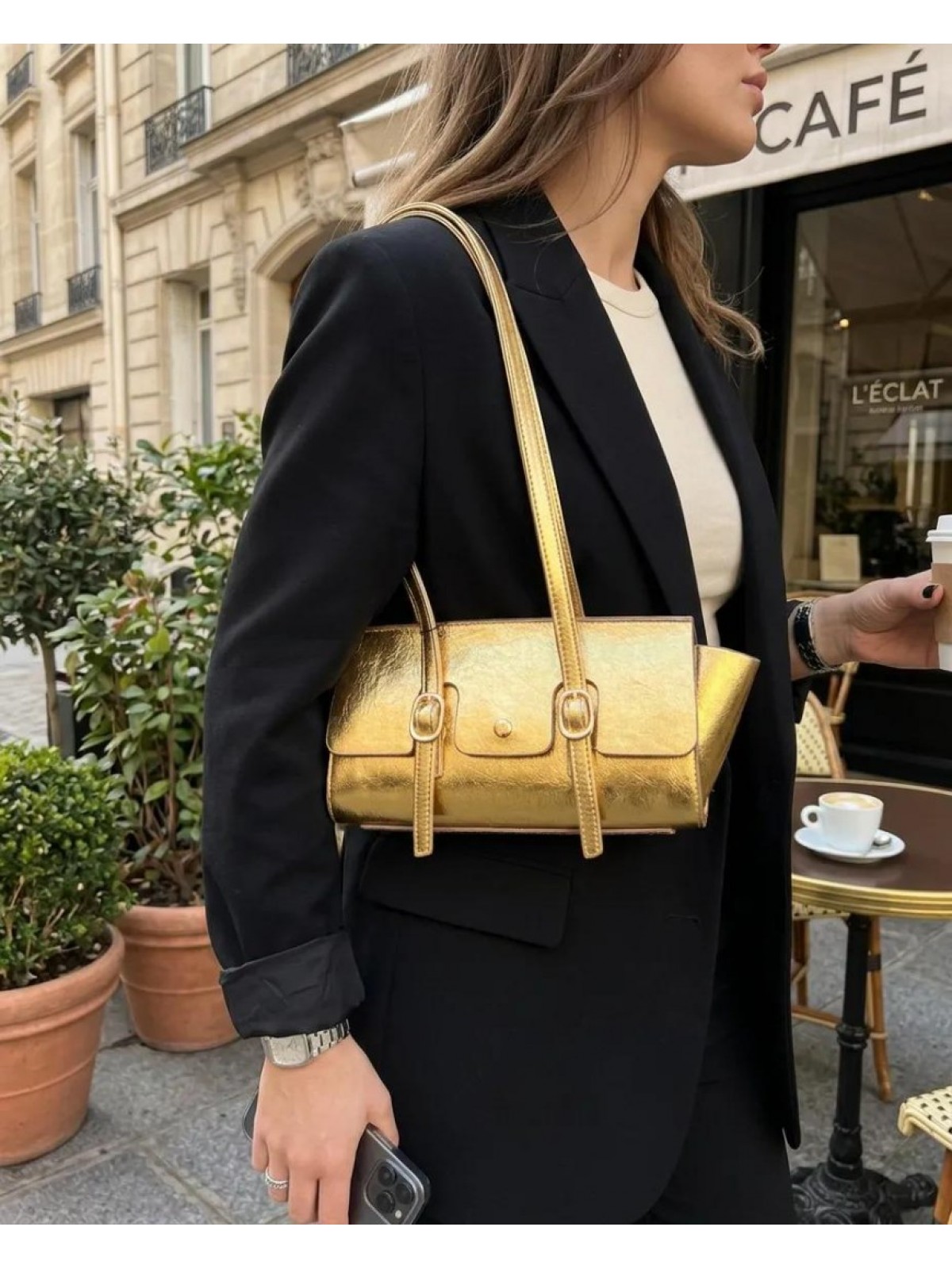Parlak Gold Mini Omuz Çantası Yumuşak Deri Görünümlü Fermuarlı Kadın El ve Kol Çantası