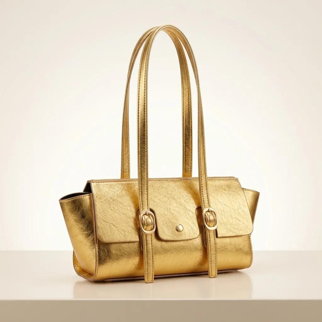 Parlak Gold Mini Omuz Çantası Yumuşak Deri Görünümlü Fermuarlı Kadın El ve Kol Çantası