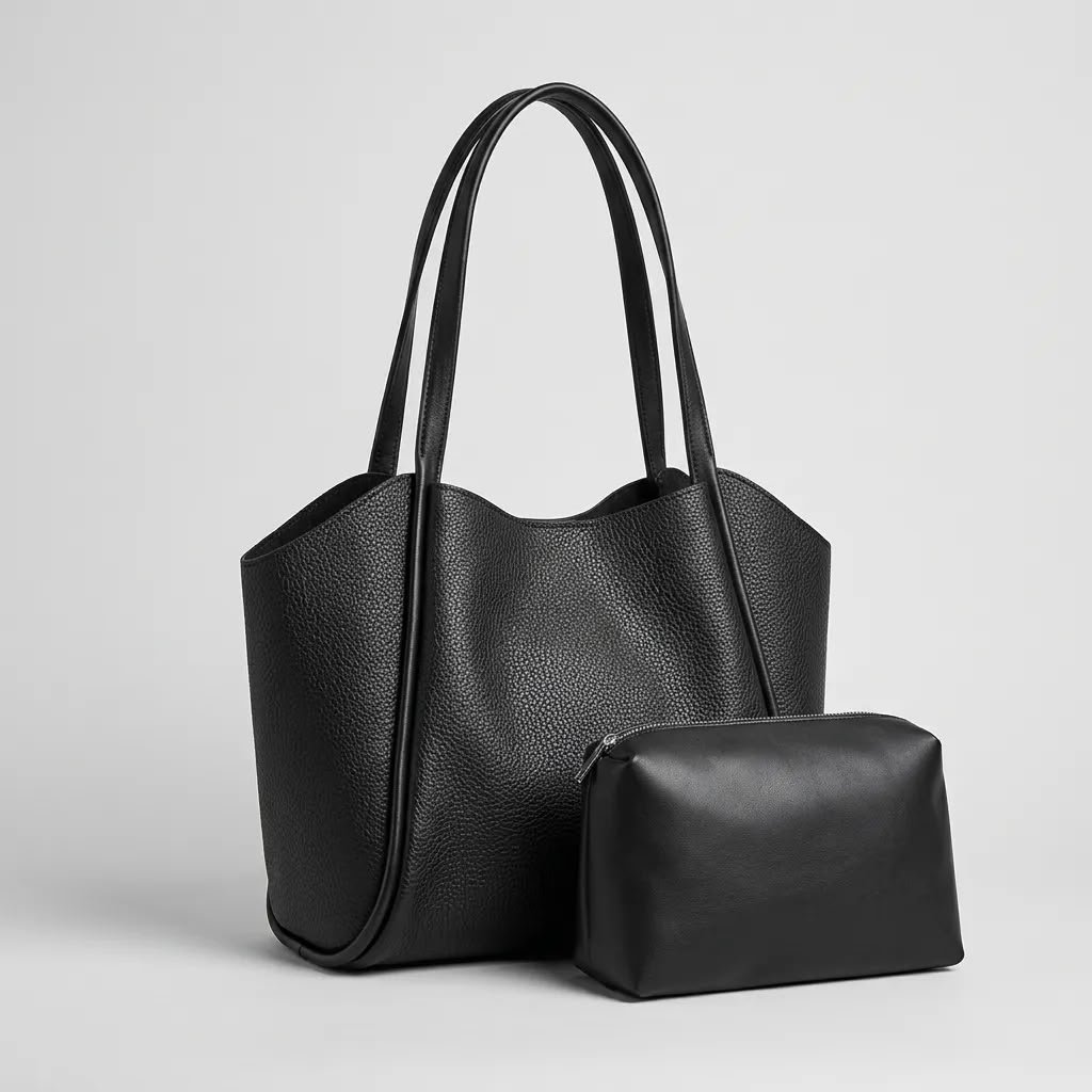 Kadın Siyah Yumuşak Deri Omuz Çantası 30x25 cm Ekstra Makyaj Çantalı