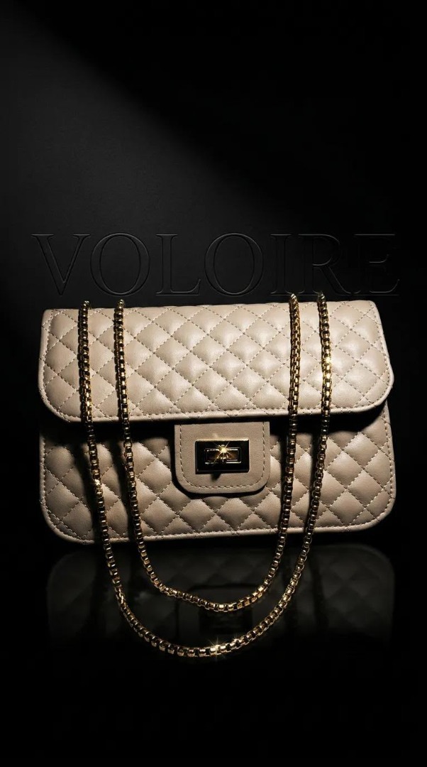 Bej Kapitone Suni Deri Gold Zincirli Omuz Çanta 23×16 cm