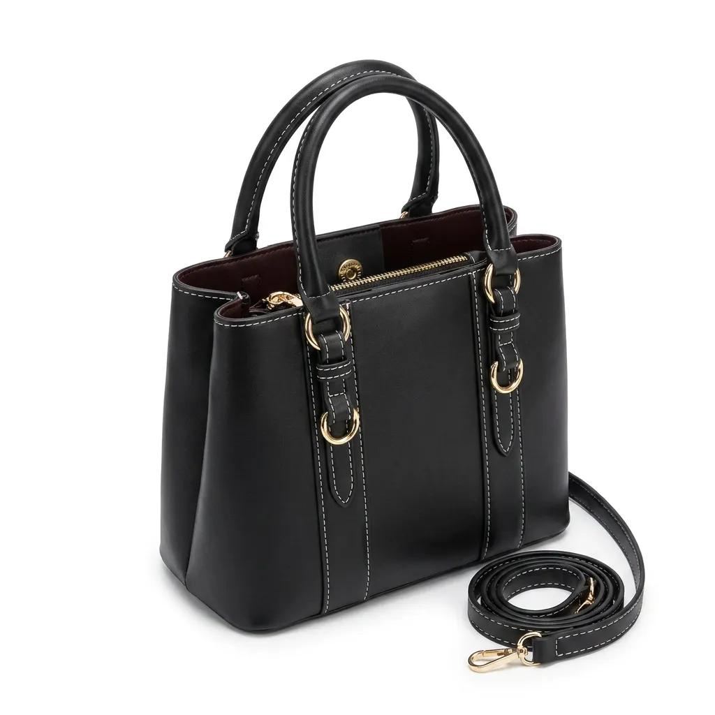 Siyah Kilit Detaylı 3 Gözlü Kadın El ve Çapraz Askılı Çanta 24x18 cm