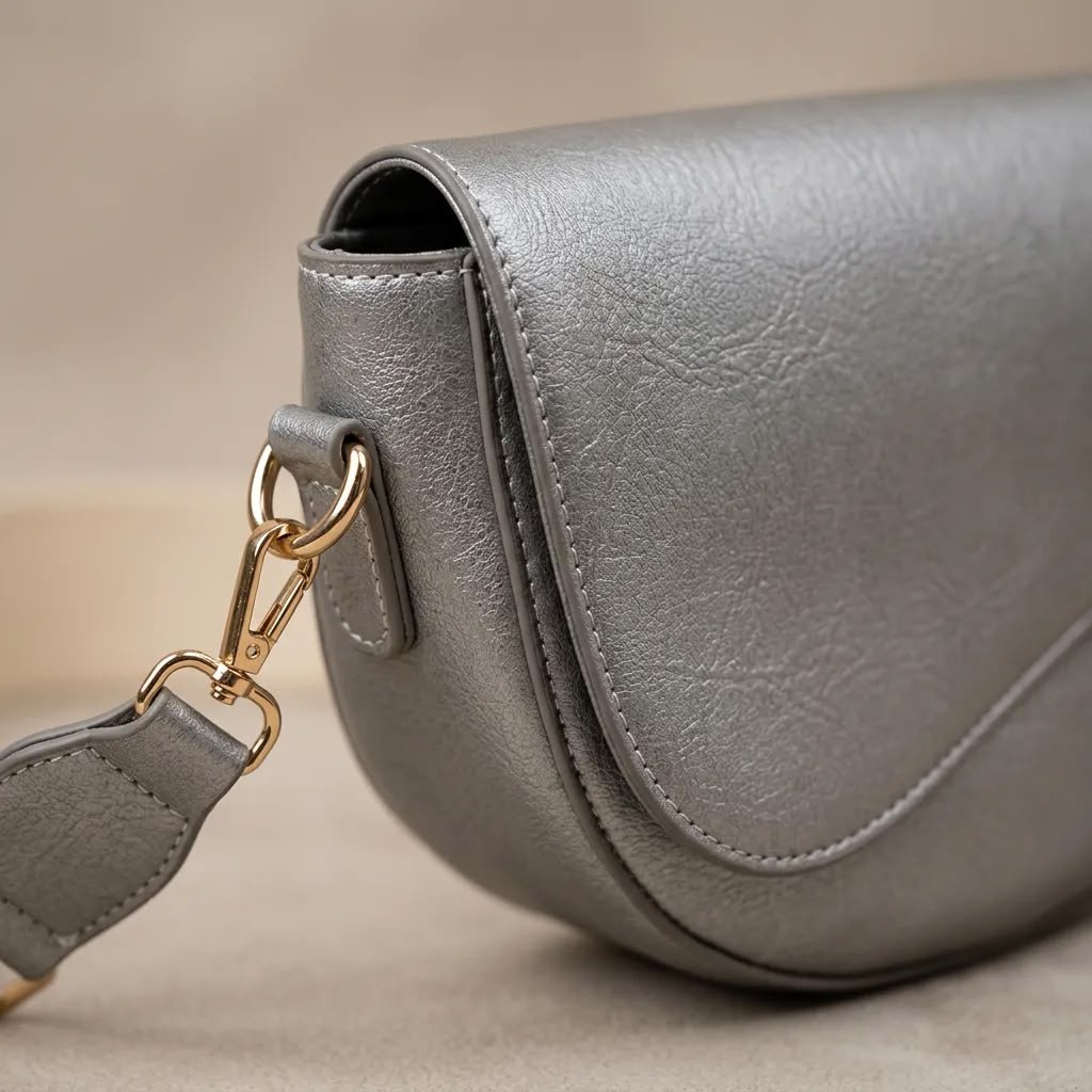Metalik Gri Gold Detaylı Omuz ve El Çantası 23x15 cm Kadın Çapraz Askılı Çanta