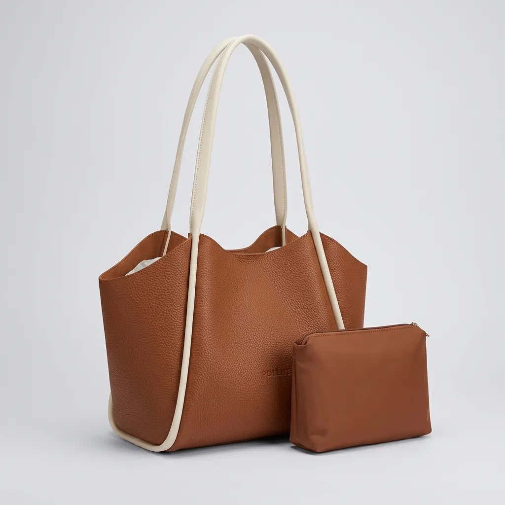 Kadın Kahve Krem Yumuşak Deri Omuz Çantası 30x25 cm Ekstra Makyaj Çantalı