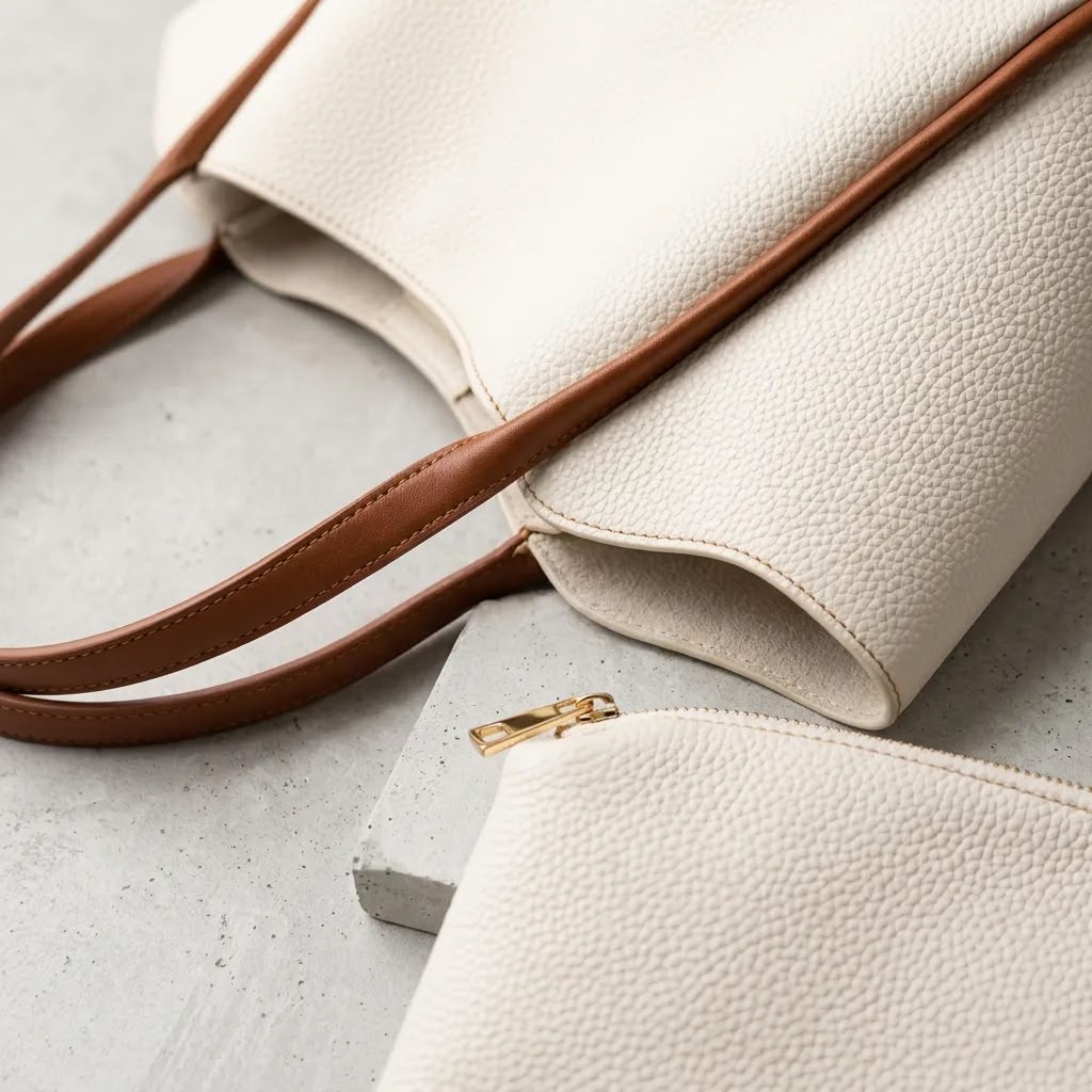 Kadın Krem Kahve Çift Renk Yumuşak Deri Omuz Çantası 30x25 cm Ekstra Makyaj Çantalı