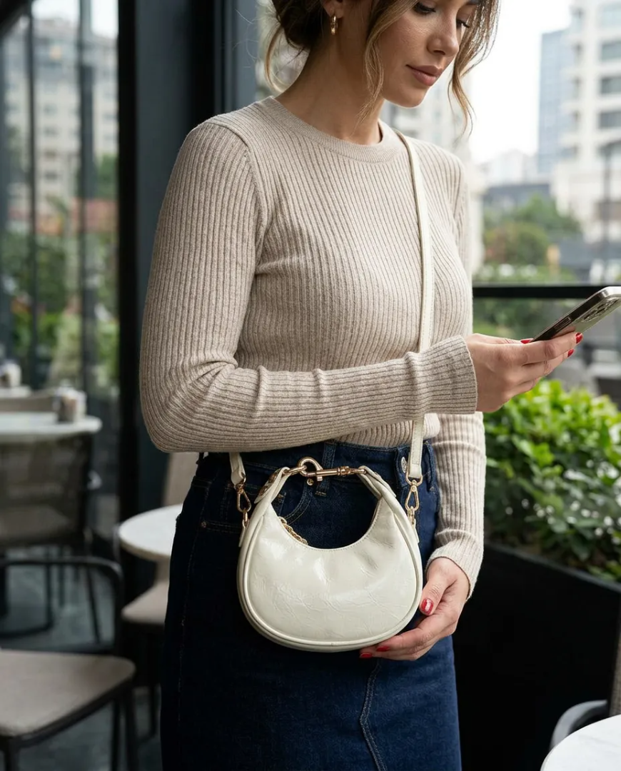 Krem Gold Detaylı Mini Kadın Omuz ve Çapraz Çanta