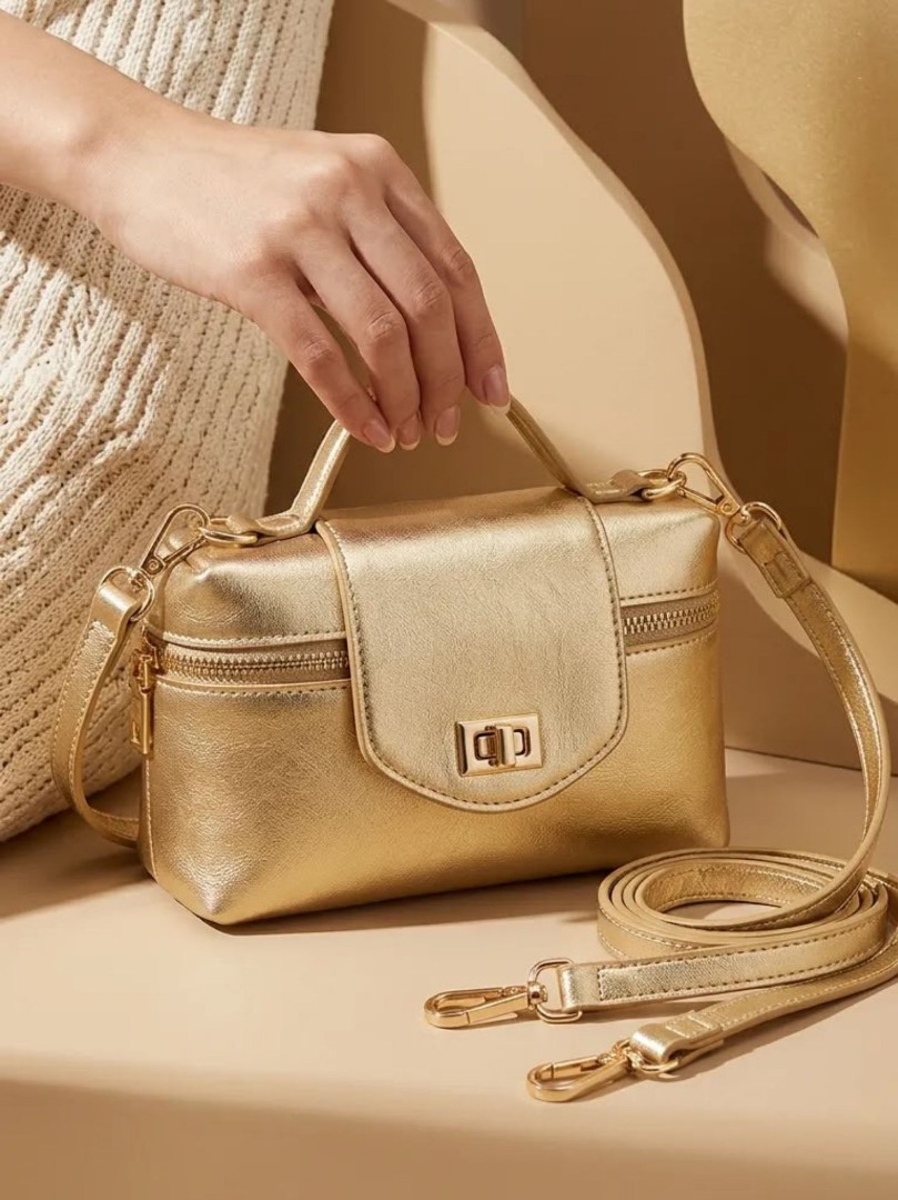 Gold Parlak Görünümlü Kilit Detaylı Mini Kadın El ve Çapraz Askılı Çanta