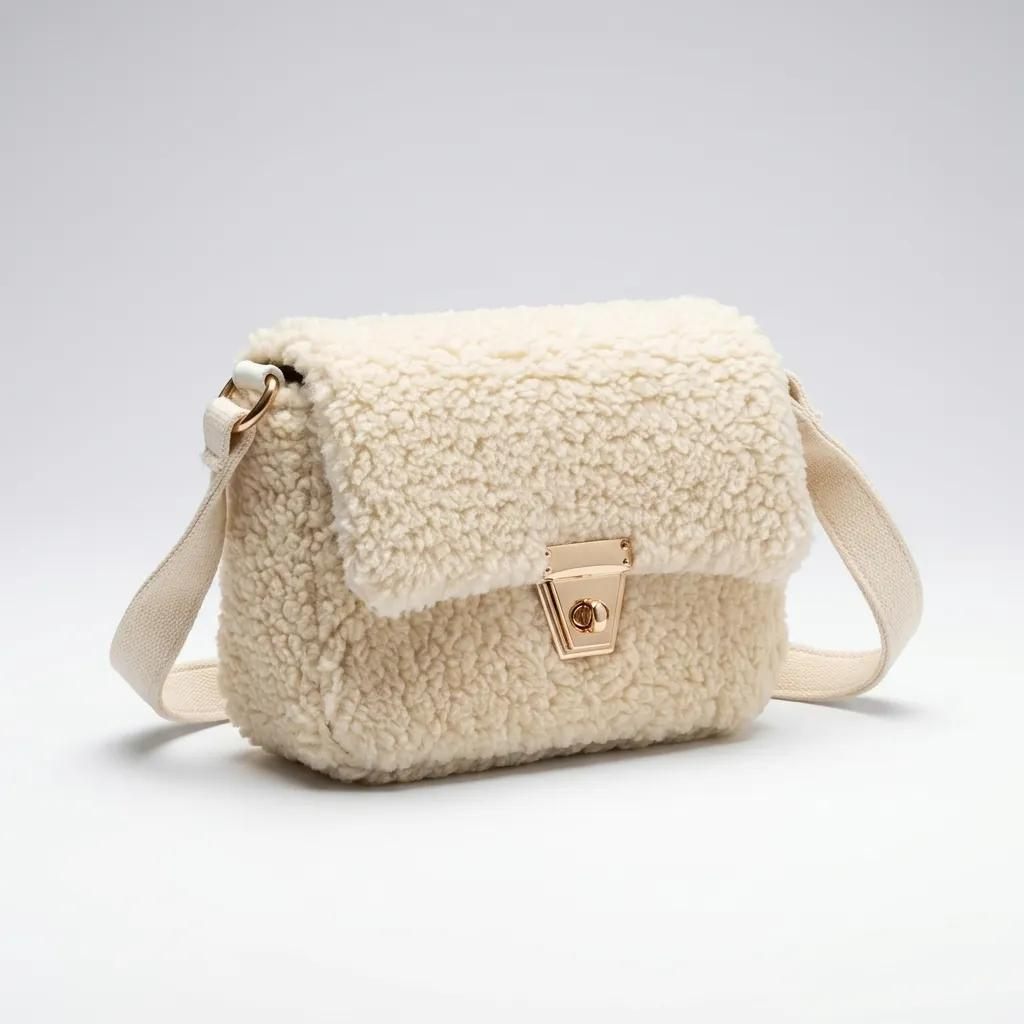 Krem Peluş Görünümlü Kadın Omuz ve Çapraz Askılı Çanta 18x14 cm