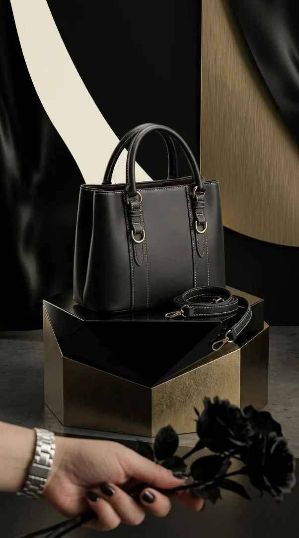Siyah Kilit Detaylı 3 Gözlü Kadın El ve Çapraz Askılı Çanta 24x18 cm