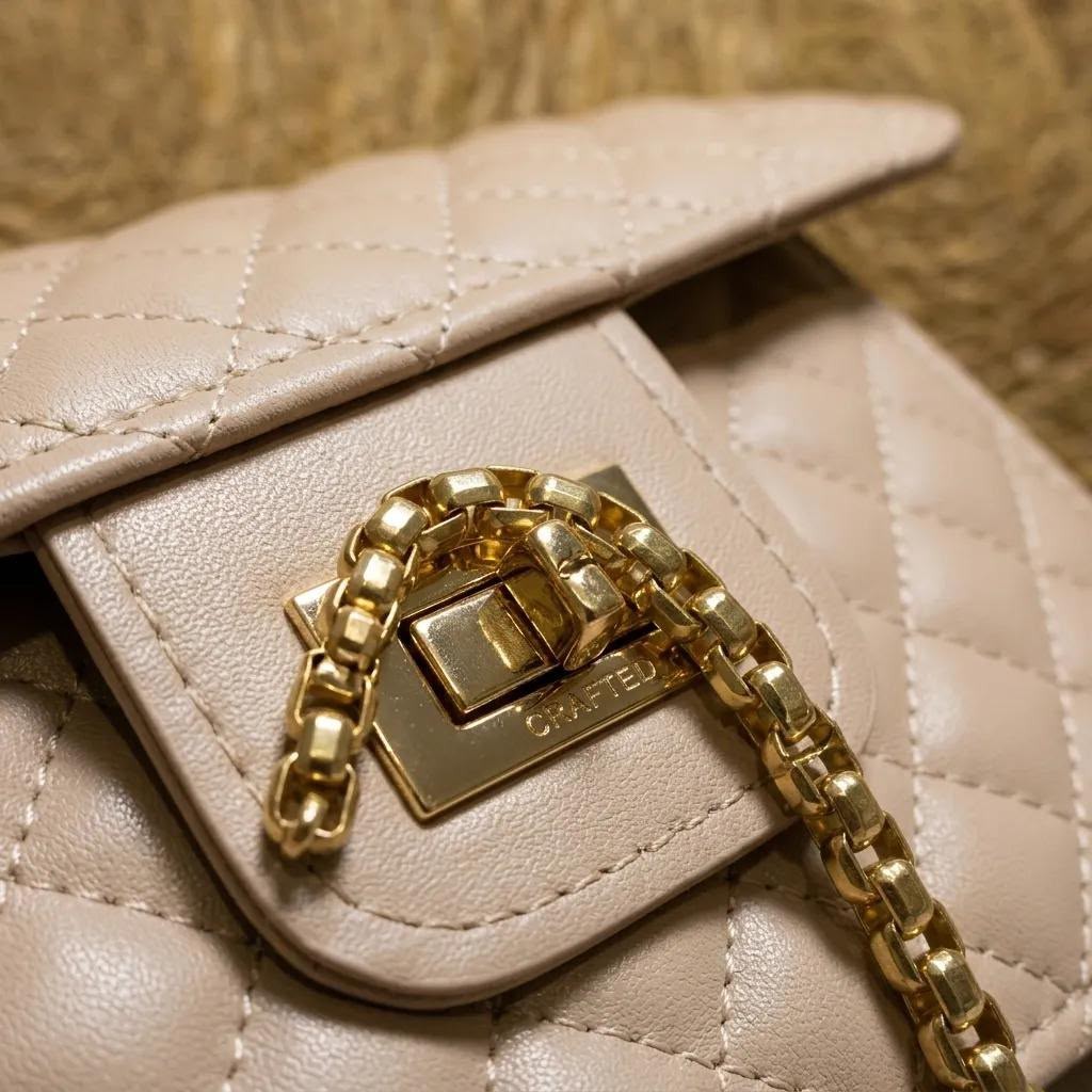 Bej Kapitone Suni Deri Gold Zincirli Omuz Çanta 23×16 cm