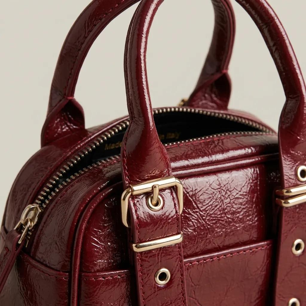 Mini Bordo Parlak Rugan Görünümlü El ve Çapraz Askılı Kadın Çanta